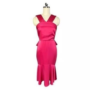 Theia Fuschia Satin Pleated Neck Bow Back Midi Cocktail Dress